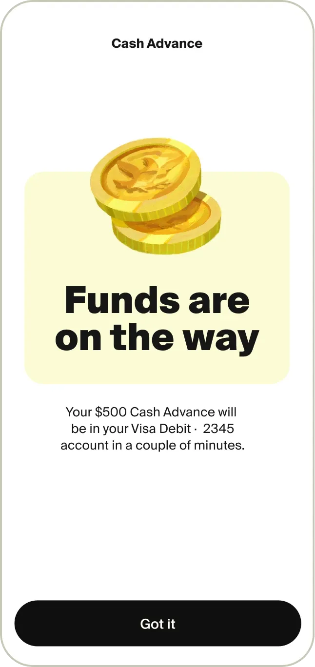 Tilt app Cash Advance confirmation screen showing $500 funds are on the way.