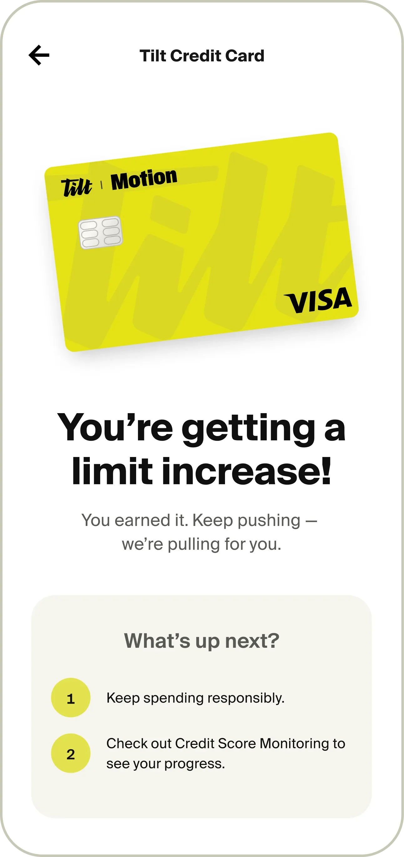 An image showing an example of a credit limit increase screen in the Tilt app.